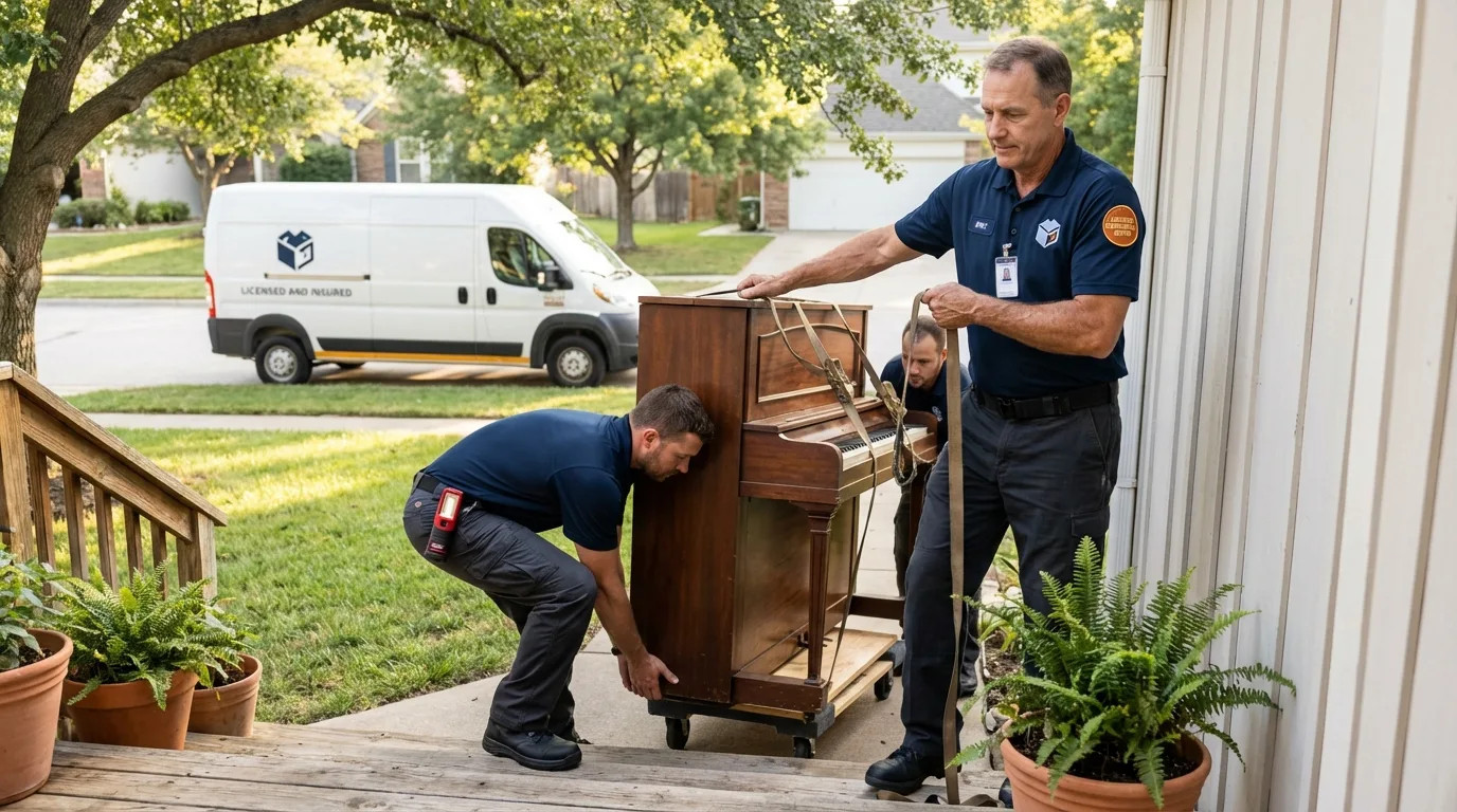 Licensed piano movers securing grand piano in Celoron, NY