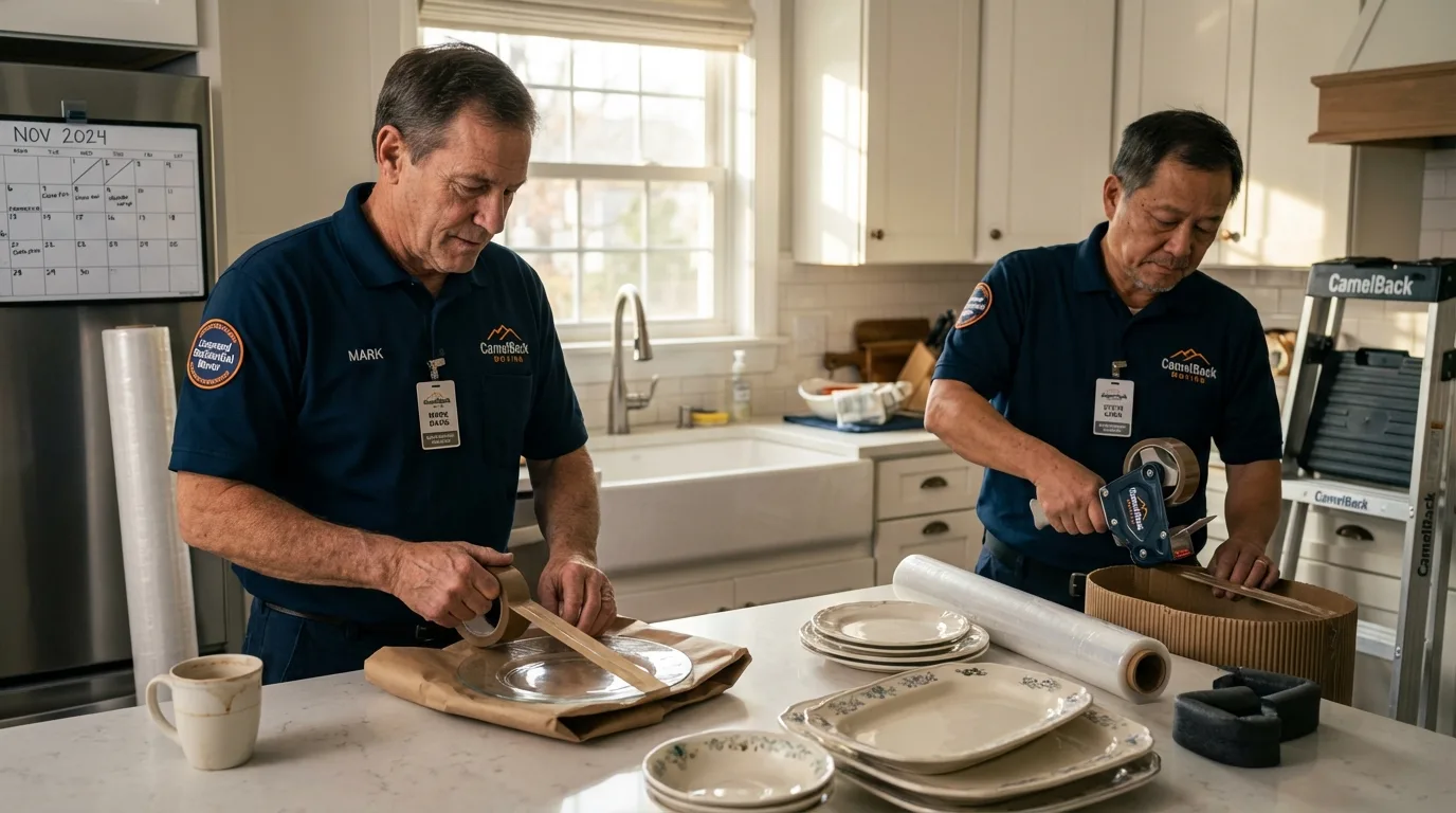 Professional crew packing kitchen dishware in Celoron, NY